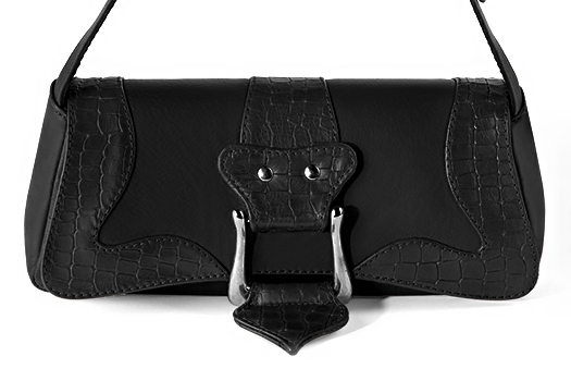 Satin black women's dress handbag, matching pumps and belts. Profile view - Florence KOOIJMAN